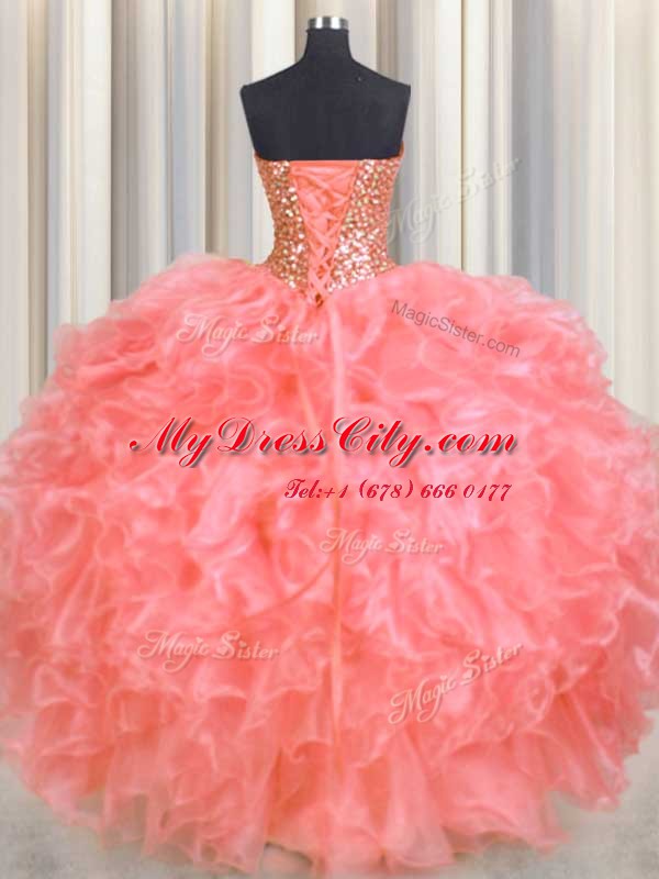 Halter Top Sleeveless Organza Sweet 16 Dress Beading and Ruffles Lace Up