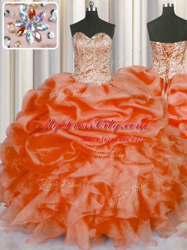 Amazing Orange Red Sweetheart Neckline Beading and Ruffles and Pick Ups Ball Gown Prom Dress Sleeveless Lace Up