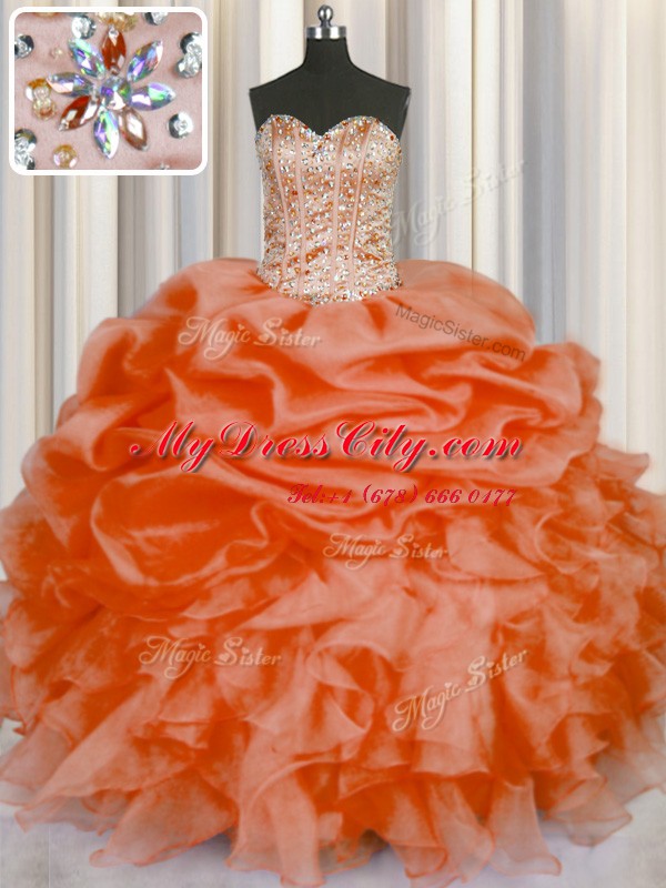 Amazing Orange Red Sweetheart Neckline Beading and Ruffles and Pick Ups Ball Gown Prom Dress Sleeveless Lace Up