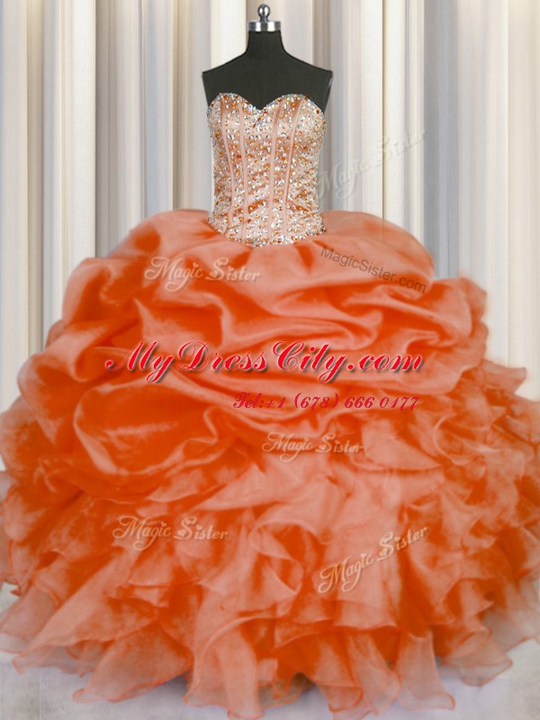 Amazing Orange Red Sweetheart Neckline Beading and Ruffles and Pick Ups Ball Gown Prom Dress Sleeveless Lace Up