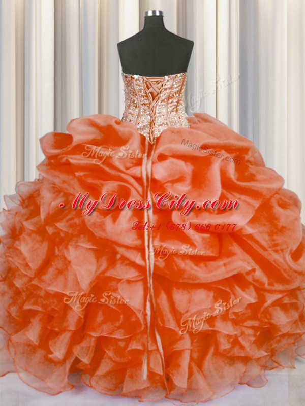 Amazing Orange Red Sweetheart Neckline Beading and Ruffles and Pick Ups Ball Gown Prom Dress Sleeveless Lace Up