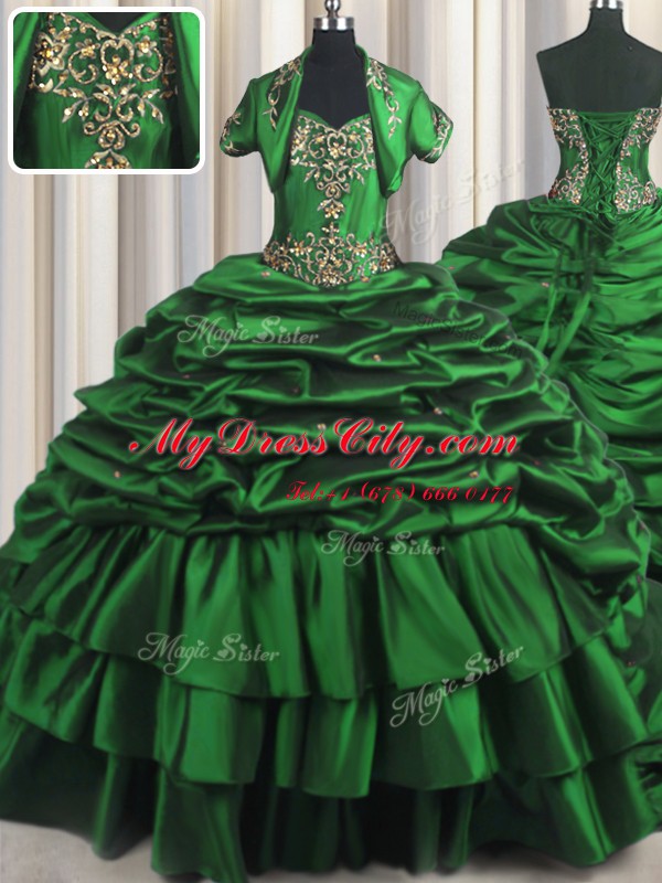 Captivating Taffeta Sweetheart Sleeveless Brush Train Lace Up Beading and Appliques and Pick Ups Quinceanera Gown in Dark Green