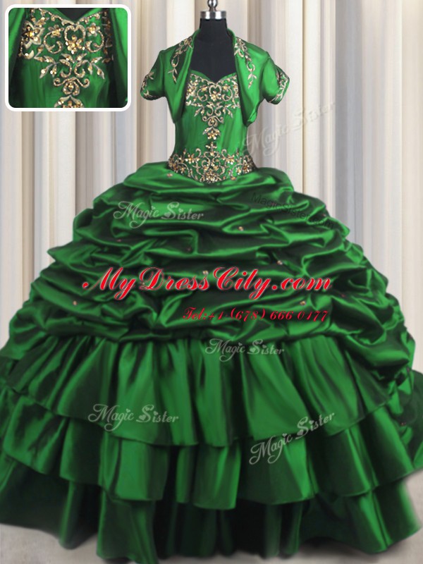 Captivating Taffeta Sweetheart Sleeveless Brush Train Lace Up Beading and Appliques and Pick Ups Quinceanera Gown in Dark Green