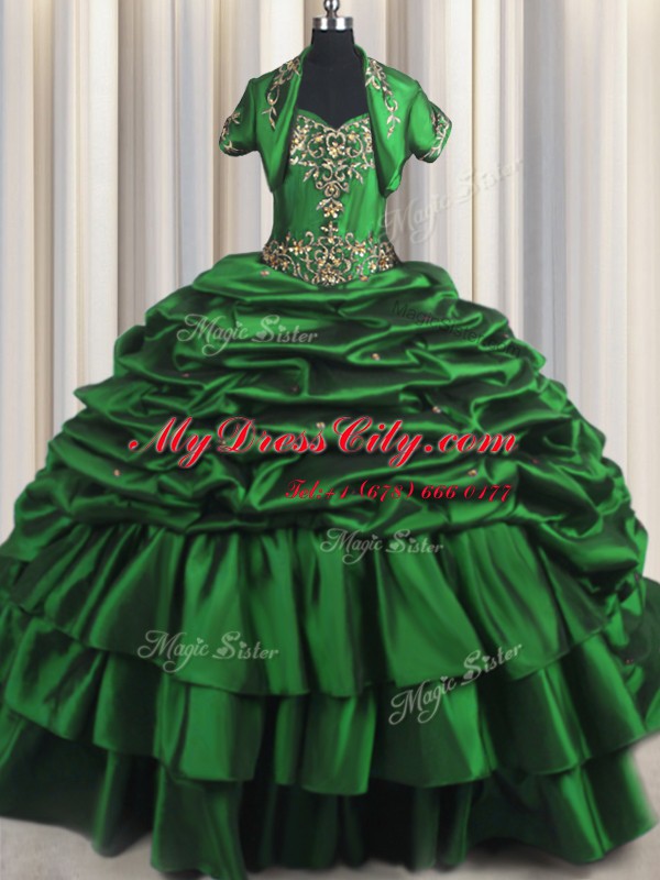 Captivating Taffeta Sweetheart Sleeveless Brush Train Lace Up Beading and Appliques and Pick Ups Quinceanera Gown in Dark Green