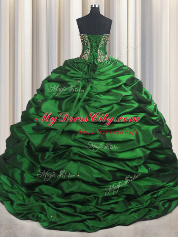 Captivating Taffeta Sweetheart Sleeveless Brush Train Lace Up Beading and Appliques and Pick Ups Quinceanera Gown in Dark Green