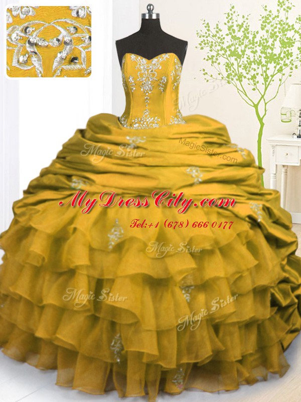 Sleeveless With Train Beading and Appliques and Ruffled Layers and Pick Ups Lace Up 15 Quinceanera Dress with Gold Brush Train