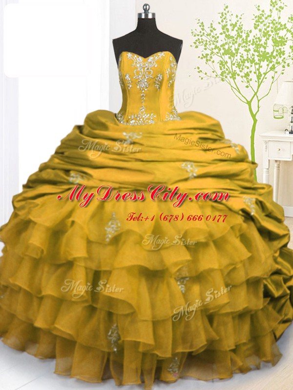 Sleeveless With Train Beading and Appliques and Ruffled Layers and Pick Ups Lace Up 15 Quinceanera Dress with Gold Brush Train