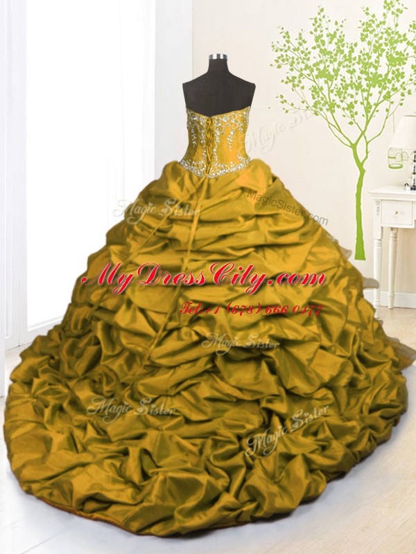 Sleeveless With Train Beading and Appliques and Ruffled Layers and Pick Ups Lace Up 15 Quinceanera Dress with Gold Brush Train