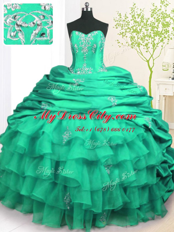 Turquoise Ball Gowns Strapless Sleeveless Organza and Taffeta With Brush Train Lace Up Beading and Appliques and Ruffled Layers and Pick Ups Ball Gown Prom Dress