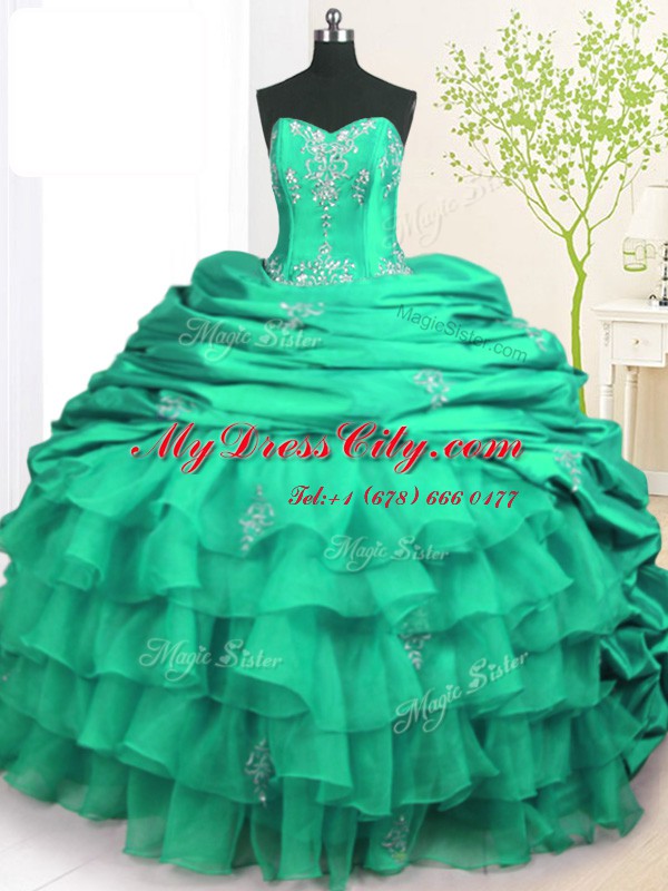 Turquoise Ball Gowns Strapless Sleeveless Organza and Taffeta With Brush Train Lace Up Beading and Appliques and Ruffled Layers and Pick Ups Ball Gown Prom Dress