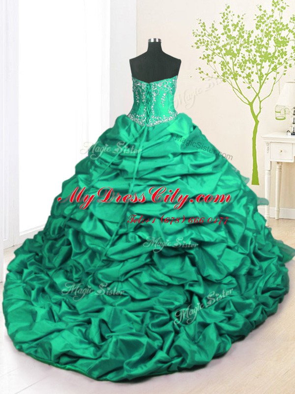 Turquoise Ball Gowns Strapless Sleeveless Organza and Taffeta With Brush Train Lace Up Beading and Appliques and Ruffled Layers and Pick Ups Ball Gown Prom Dress