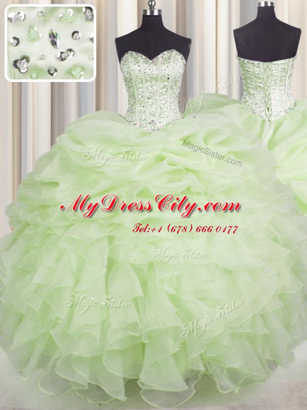 Organza Sweetheart Sleeveless Lace Up Beading and Ruffles Sweet 16 Dress in Yellow Green