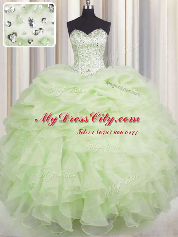 Organza Sweetheart Sleeveless Lace Up Beading and Ruffles Sweet 16 Dress in Yellow Green