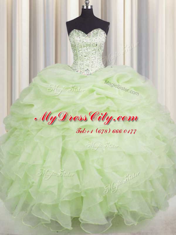 Organza Sweetheart Sleeveless Lace Up Beading and Ruffles Sweet 16 Dress in Yellow Green