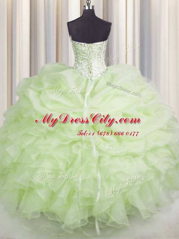 Organza Sweetheart Sleeveless Lace Up Beading and Ruffles Sweet 16 Dress in Yellow Green