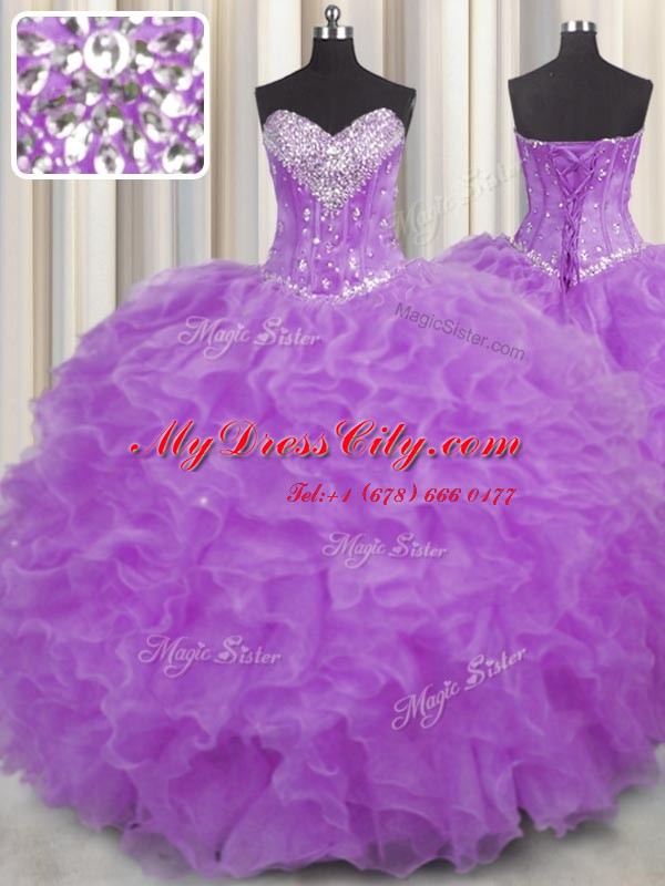 Charming Purple Ball Gowns Organza Halter Top Sleeveless Beading and Ruffles Floor Length Lace Up Ball Gown Prom Dress