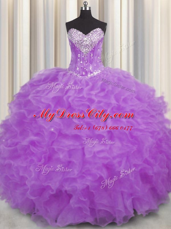 Charming Purple Ball Gowns Organza Halter Top Sleeveless Beading and Ruffles Floor Length Lace Up Ball Gown Prom Dress