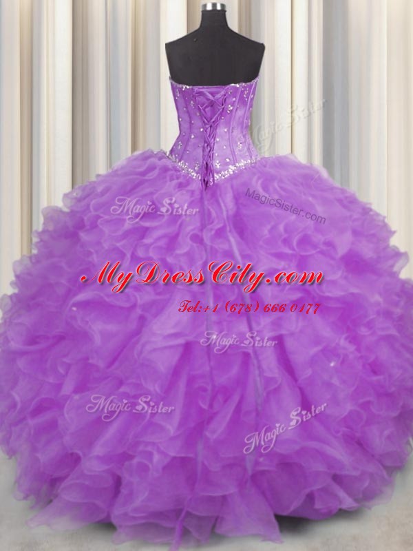 Charming Purple Ball Gowns Organza Halter Top Sleeveless Beading and Ruffles Floor Length Lace Up Ball Gown Prom Dress