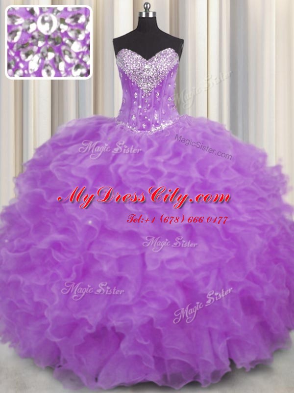 Charming Purple Ball Gowns Organza Halter Top Sleeveless Beading and Ruffles Floor Length Lace Up Ball Gown Prom Dress