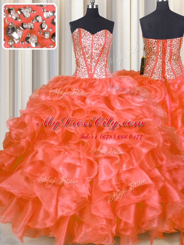 Beauteous Red Lace Up Sweetheart Beading and Ruffles Sweet 16 Quinceanera Dress Organza Sleeveless