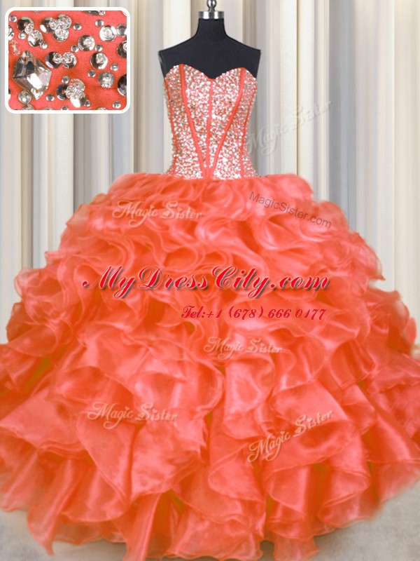 Beauteous Red Lace Up Sweetheart Beading and Ruffles Sweet 16 Quinceanera Dress Organza Sleeveless