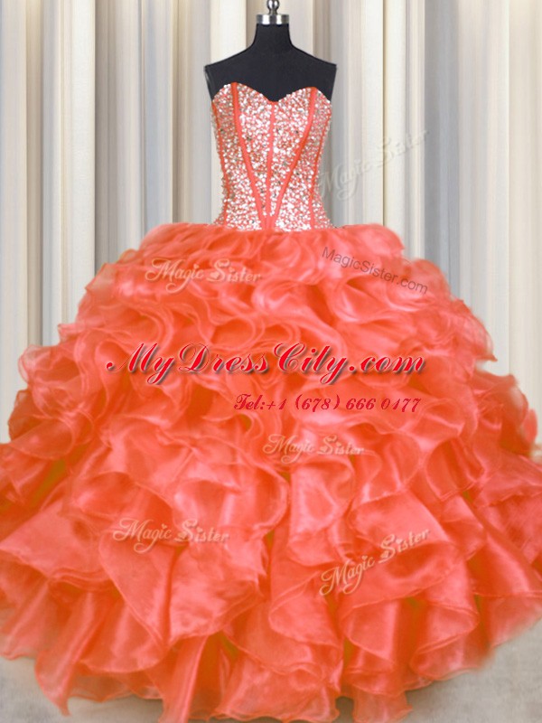 Beauteous Red Lace Up Sweetheart Beading and Ruffles Sweet 16 Quinceanera Dress Organza Sleeveless