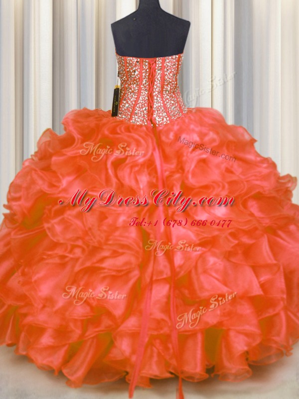 Beauteous Red Lace Up Sweetheart Beading and Ruffles Sweet 16 Quinceanera Dress Organza Sleeveless