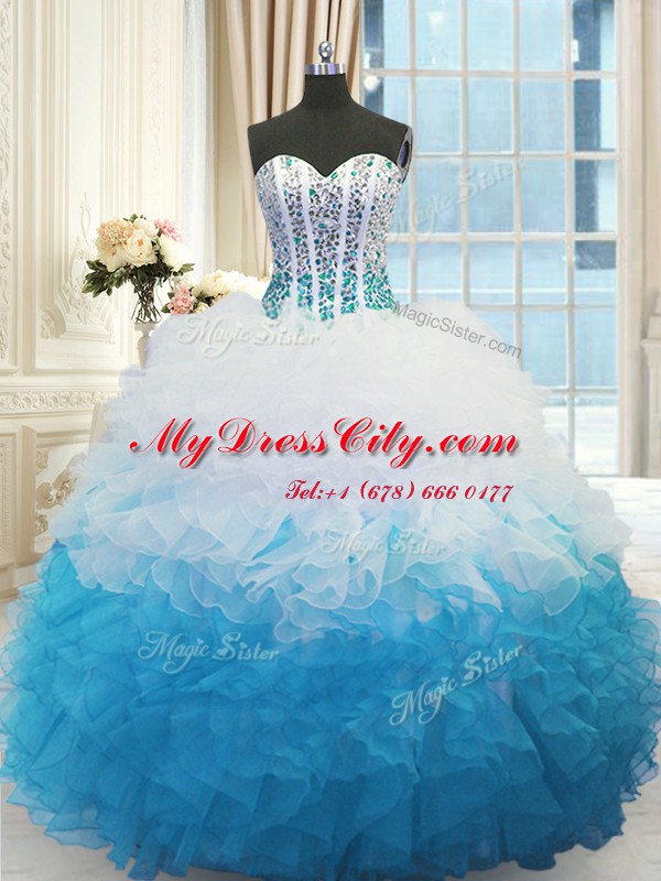 Sweetheart Sleeveless Organza Vestidos de Quinceanera Beading and Ruffles Lace Up