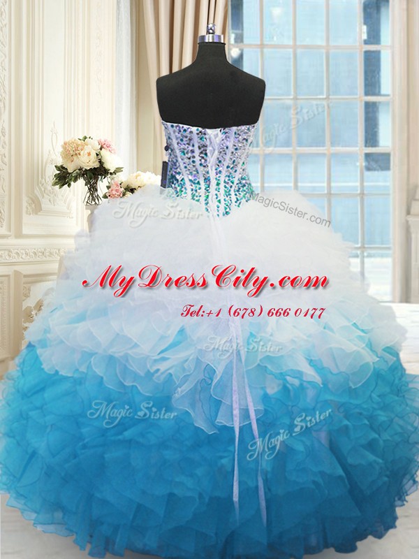 Sweetheart Sleeveless Organza Vestidos de Quinceanera Beading and Ruffles Lace Up