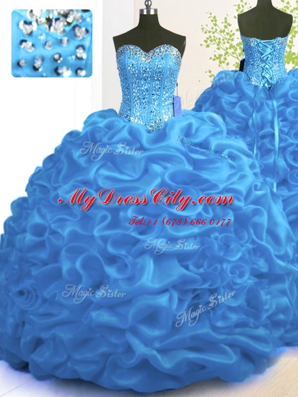 Blue Sleeveless Brush Train Beading and Ruffles With Train Vestidos de Quinceanera