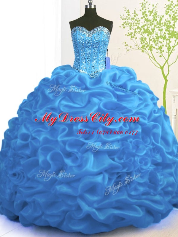 Blue Sleeveless Brush Train Beading and Ruffles With Train Vestidos de Quinceanera