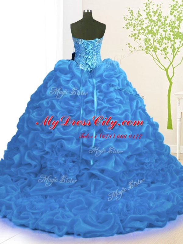 Blue Sleeveless Brush Train Beading and Ruffles With Train Vestidos de Quinceanera