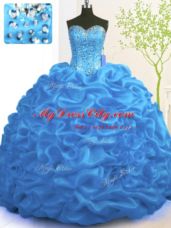 Blue Sleeveless Brush Train Beading and Ruffles With Train Vestidos de Quinceanera