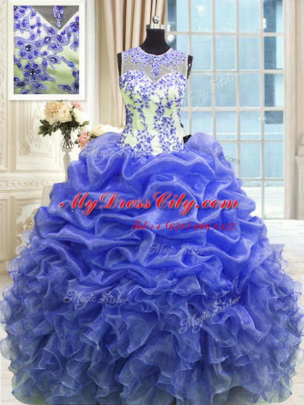 Scoop Sleeveless Zipper Quinceanera Gown Blue Organza