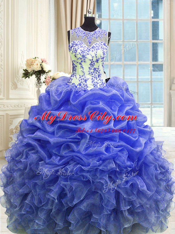 Scoop Sleeveless Zipper Quinceanera Gown Blue Organza