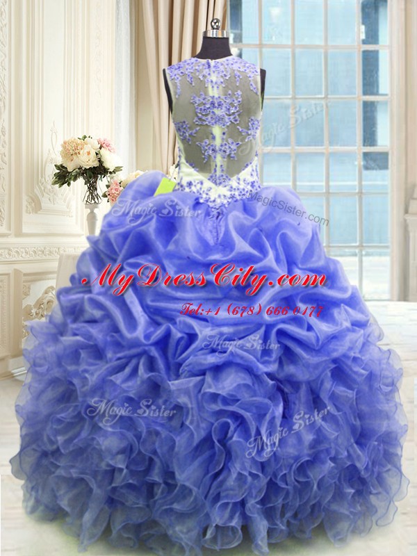 Scoop Sleeveless Zipper Quinceanera Gown Blue Organza