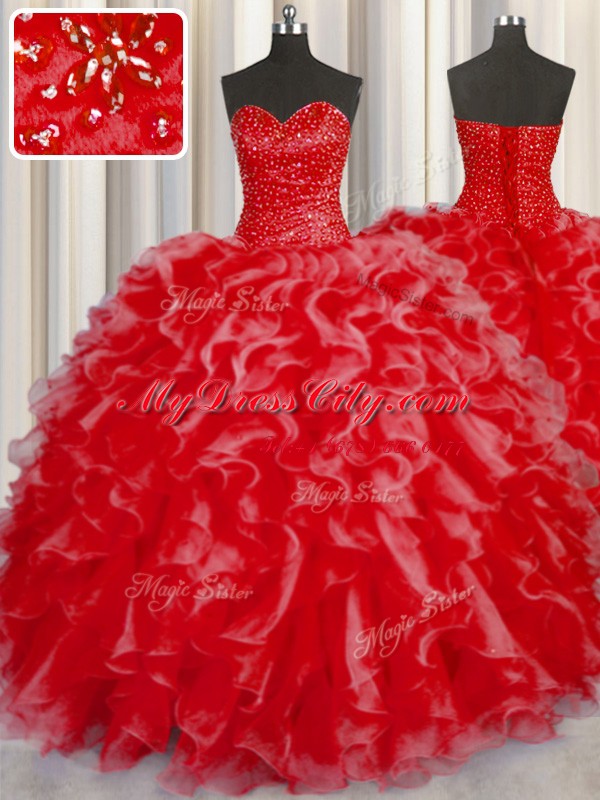 Modern Halter Top Sleeveless Floor Length Beading and Ruffles Lace Up Quinceanera Dresses with Coral Red