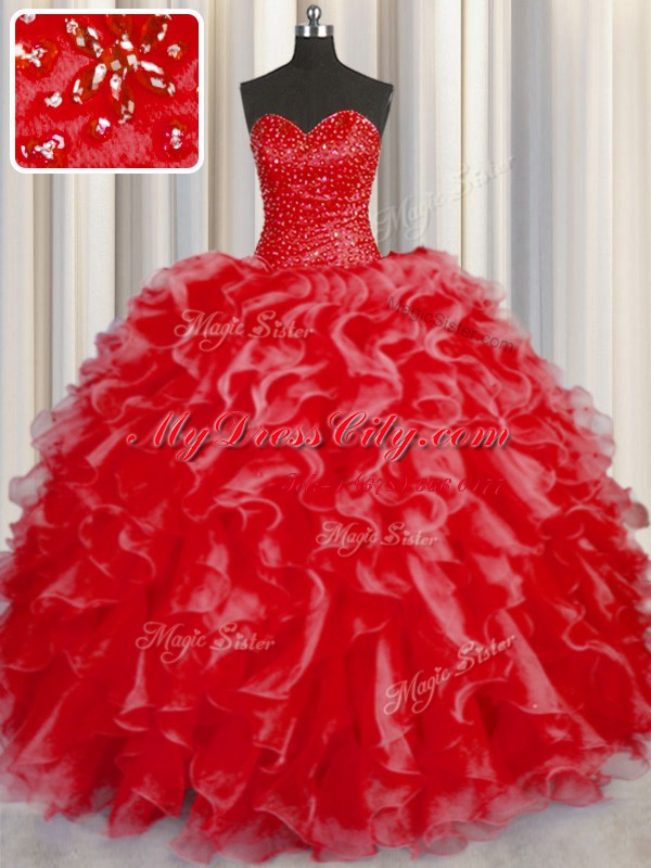 Modern Halter Top Sleeveless Floor Length Beading and Ruffles Lace Up Quinceanera Dresses with Coral Red