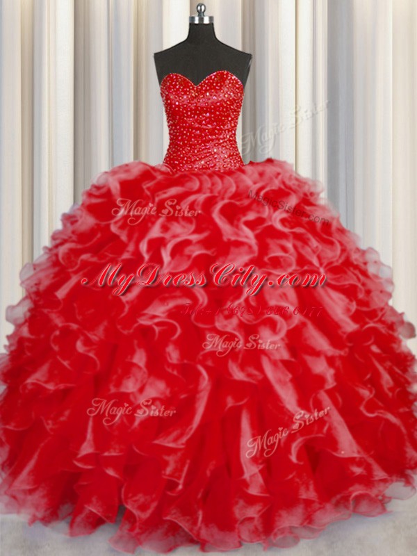 Modern Halter Top Sleeveless Floor Length Beading and Ruffles Lace Up Quinceanera Dresses with Coral Red