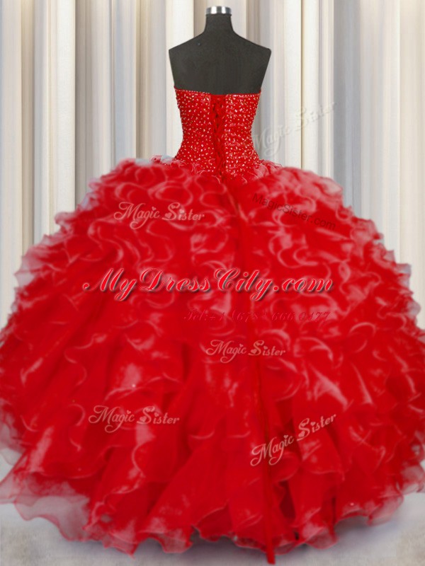 Modern Halter Top Sleeveless Floor Length Beading and Ruffles Lace Up Quinceanera Dresses with Coral Red