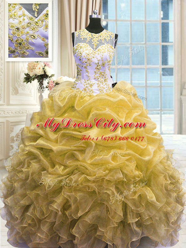 Vintage Gold Quinceanera Gowns Military Ball and Sweet 16 and Quinceanera and For with Beading and Ruffles Scoop Sleeveless Zipper