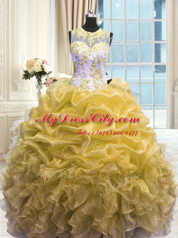 Vintage Gold Quinceanera Gowns Military Ball and Sweet 16 and Quinceanera and For with Beading and Ruffles Scoop Sleeveless Zipper