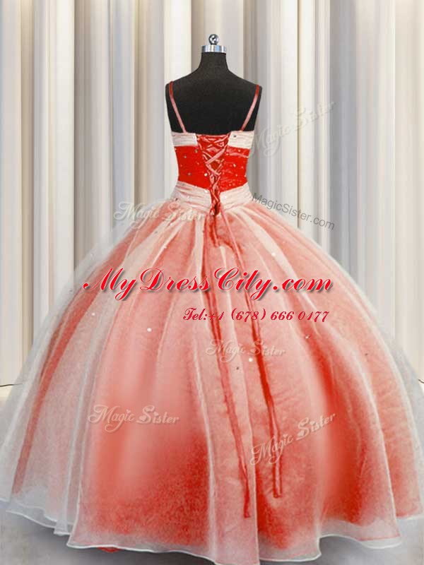 Gorgeous Sequins Floor Length Orange Red Quinceanera Dress Spaghetti Straps Sleeveless Lace Up