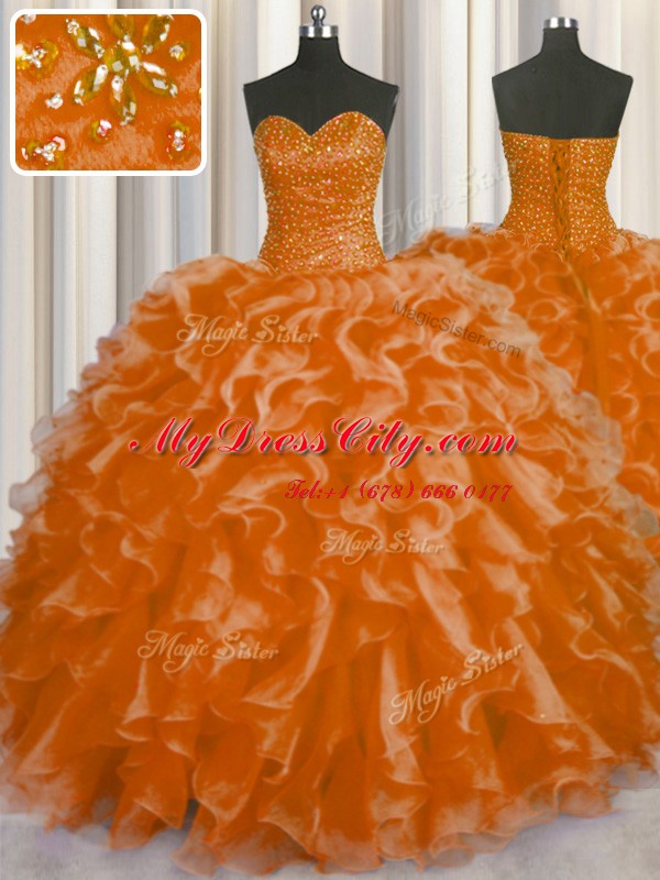 Beading and Ruffles Quince Ball Gowns Orange Red Lace Up Sleeveless Floor Length