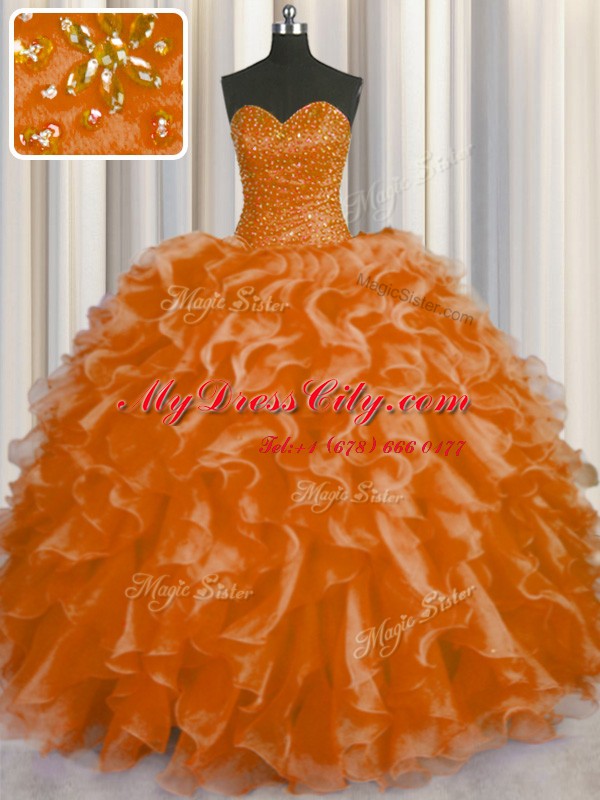 Beading and Ruffles Quince Ball Gowns Orange Red Lace Up Sleeveless Floor Length