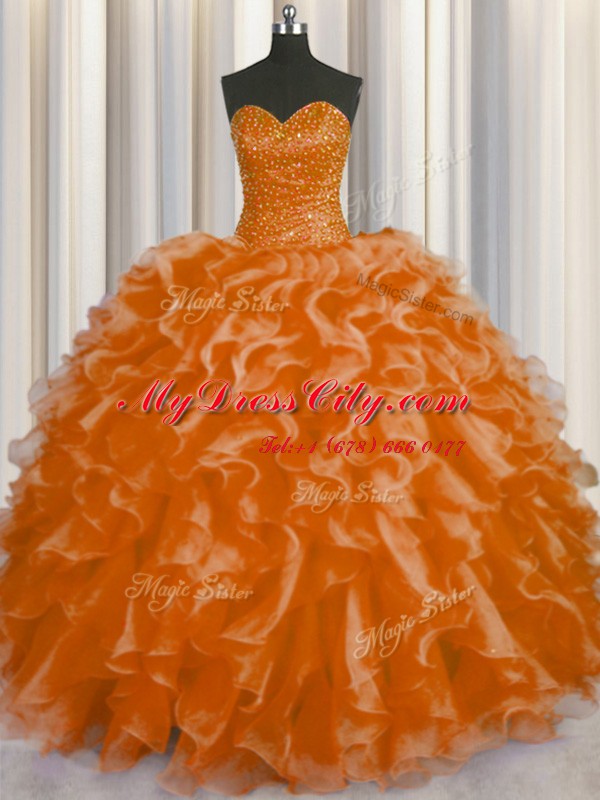 Beading and Ruffles Quince Ball Gowns Orange Red Lace Up Sleeveless Floor Length