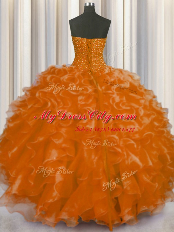 Beading and Ruffles Quince Ball Gowns Orange Red Lace Up Sleeveless Floor Length