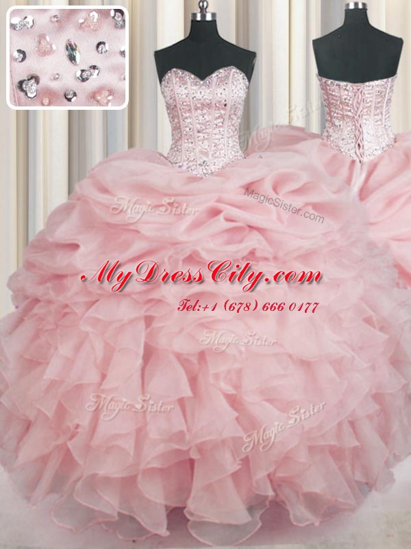 Baby Pink Organza Lace Up Sweetheart Sleeveless Floor Length Ball Gown Prom Dress Beading and Ruffles