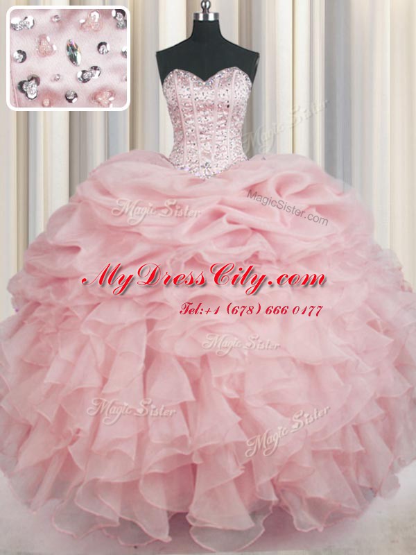 Baby Pink Organza Lace Up Sweetheart Sleeveless Floor Length Ball Gown Prom Dress Beading and Ruffles