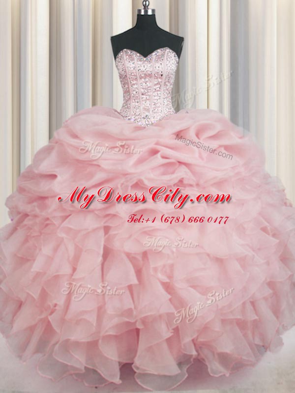 Baby Pink Organza Lace Up Sweetheart Sleeveless Floor Length Ball Gown Prom Dress Beading and Ruffles